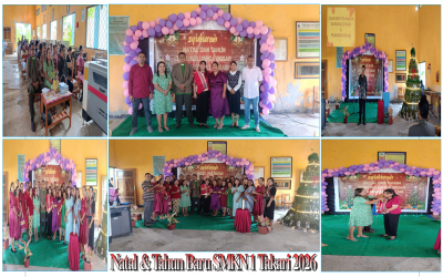 DAMAI NATAL 2025 DAN SUKACITA TAHUN BARU 2026 MEMPERSATUKAN JALINAN KASIH DAN KEBERSAMAAN KELUARGA BESAR SMKN 1 TAKARI